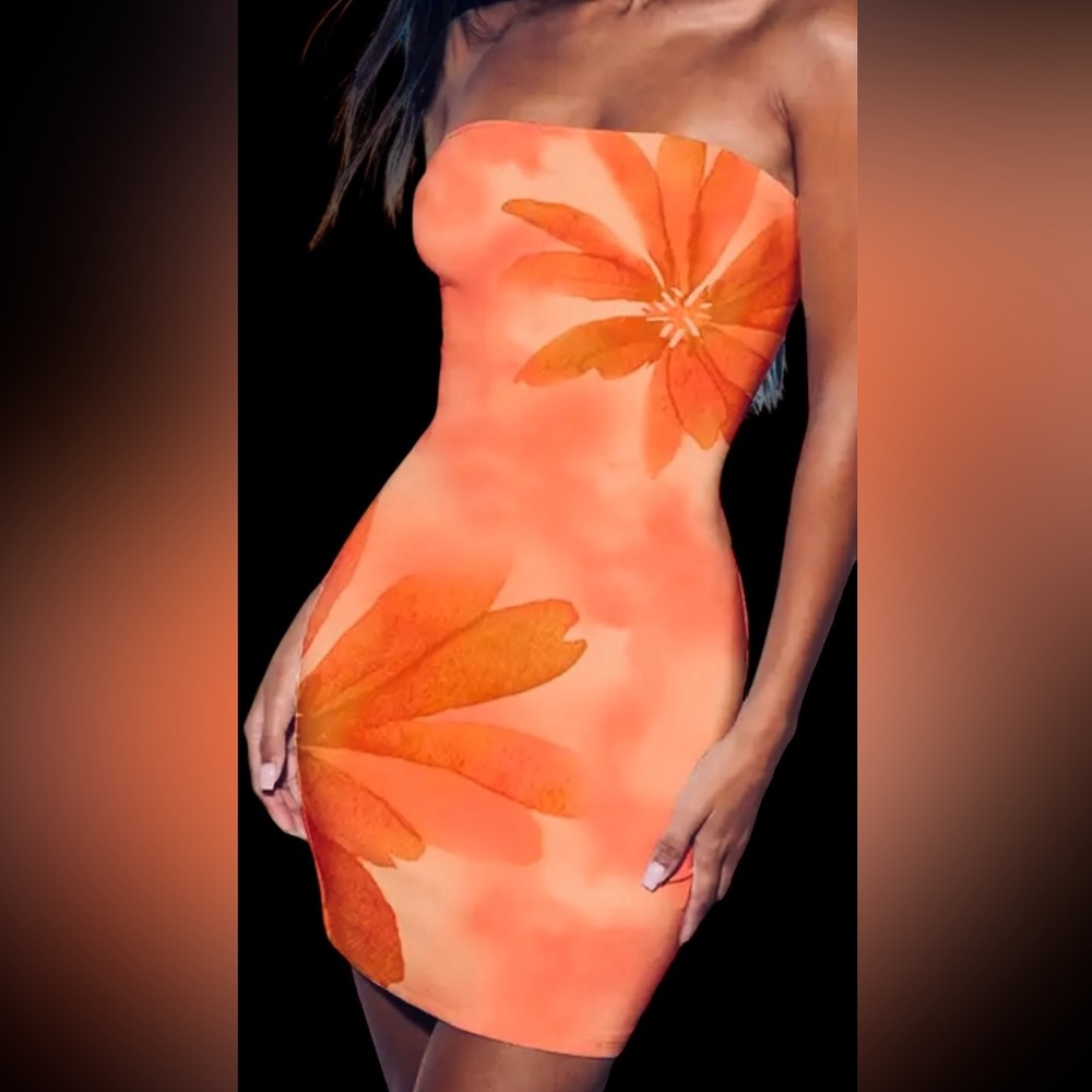 Floral Strapless Bodycon Mini Tube Dress Summer Beach Hawaii Stretch Orang XS
|